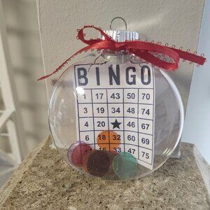 Bingo Ornament with Markers and Ribbon